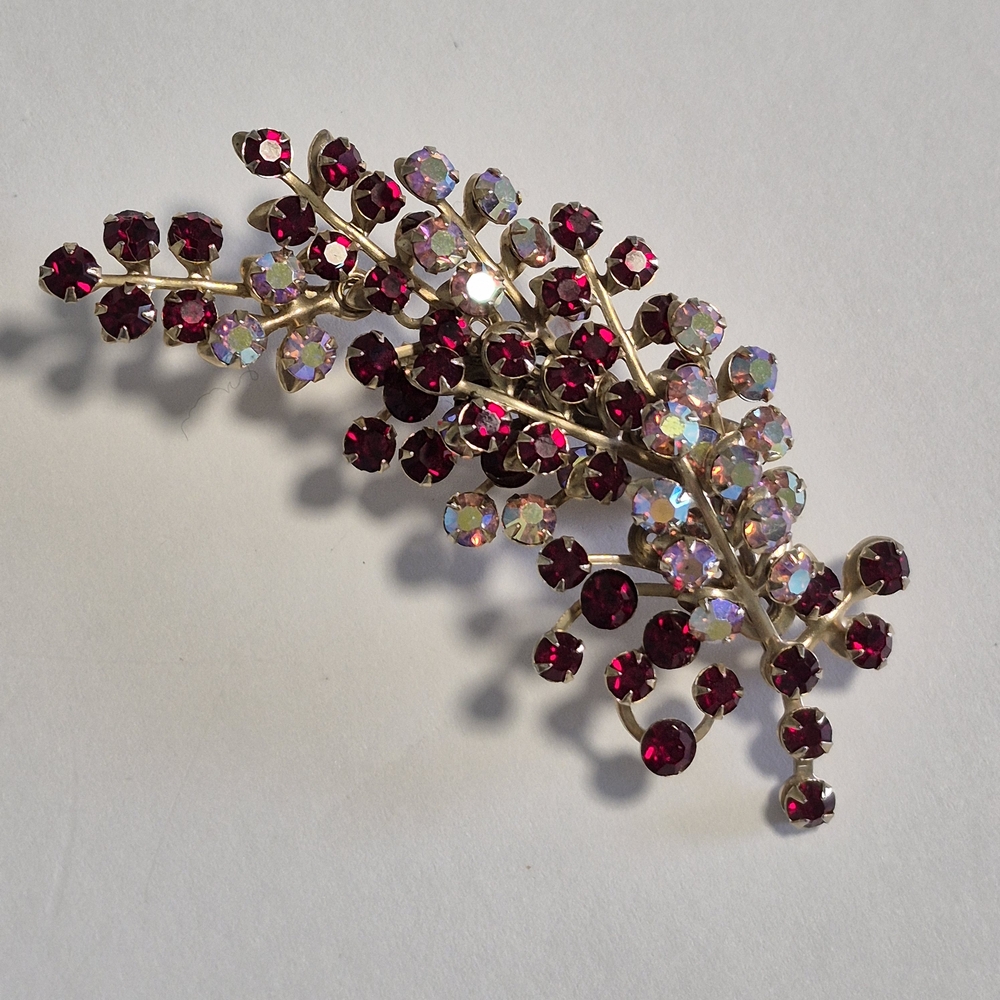 Elegant Red and AB Crystal with Gold-tone Accents Sparkly Leaf Brooch